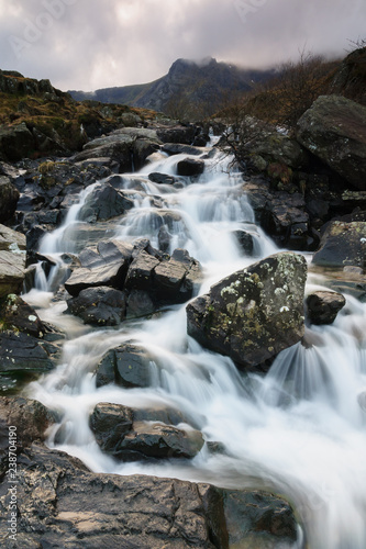 Mountain cascade at Cwm Idwal in the Glyderau range of mountains in Snowdonia National Park North Wales