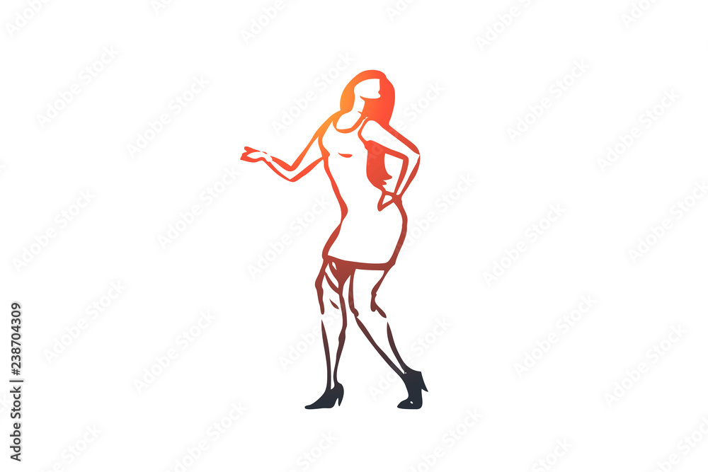Dancing, woman, girl, active, party concept. Hand drawn isolated vector.