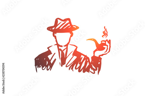 Investigate, magnifier, search, man, detective concept. Hand drawn isolated vector.