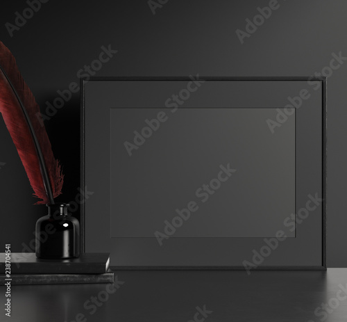 Modern dark interior with black picture frame, 3d render