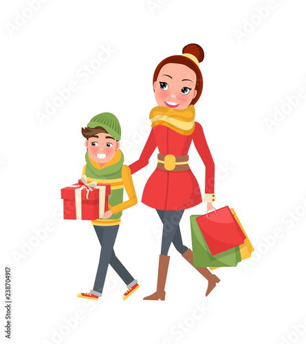 Mother and Son Do Shopping Together. Mom and Boy