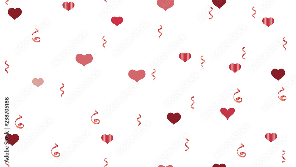 Falling Red confetti. The idea of packaging, textiles, wallpaper, banner, printing. Happy Pattern of Hearts and Serpentine. Vector Seamless Pattern on a White Background.