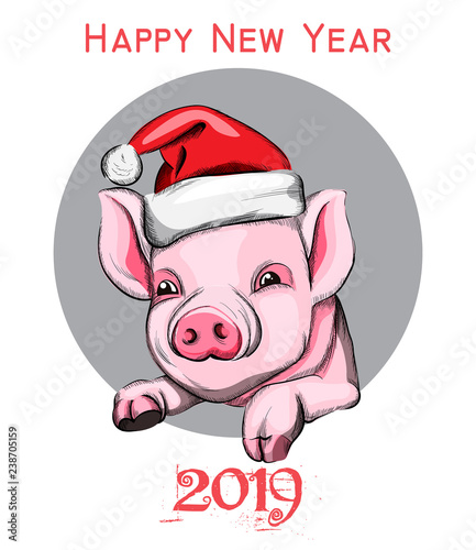 Happy New Year Pig year symbol Vector. Vintage retro cute pink pig icon 2019 ...