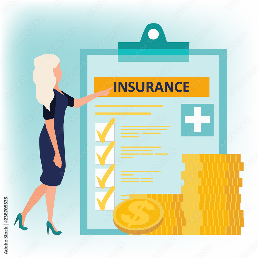 Health insurance. Woman in dress standing near health insurance policy and  coins stack. Human life insurance. Healthcare concept. Vector illustration  in flat cartoon style. Stock Vector | Adobe Stock