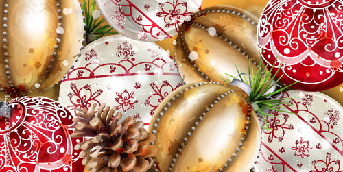 Christmas balls Vector decoration banner. Realistic ornamented Christmas baubles. colorful New Year decors gold and red