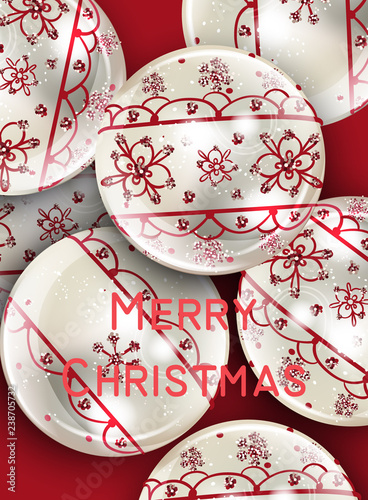 White Christmas balls Vector with red ornament decoration banner. Realistic o...