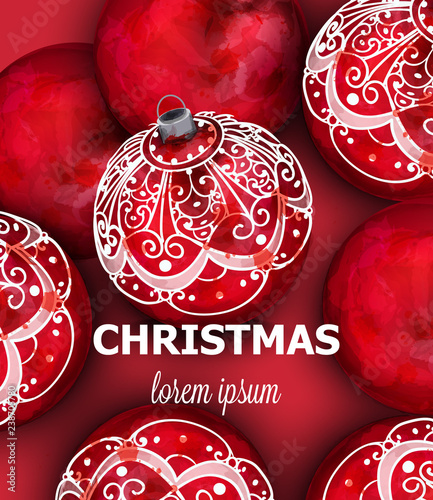 Red Christmas balls Vector decoration banner. Realistic ornamented Christmas ...