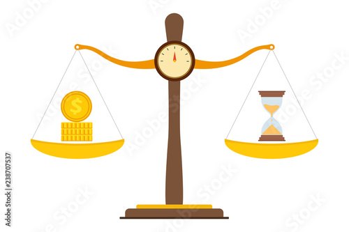 Concept of time and money. Time is more valuable than money. Time is money on scales icon. Money and time balance on scale. Vector illustration.