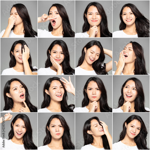 collage with different emotions in same young woman