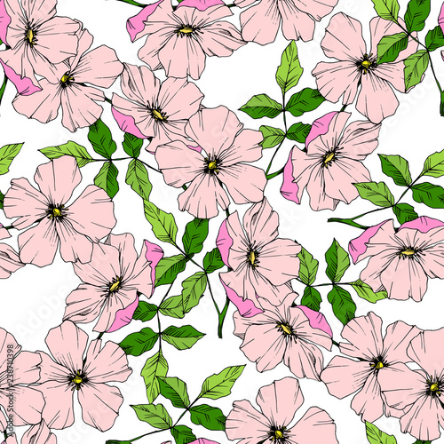 Vector Pink rosa canina flower. Engraved ink art. Seamless background pattern. Fabric wallpaper print texture.