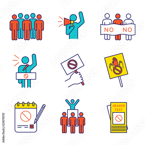 Protest action color icons set
