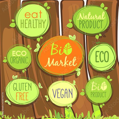 Vector Bio icon set on a wooden fence of labels, stamps or stickers with signs - Bio market, gluten free, organic product, vegan, food healthy, eat healthy, organic, bio product, nature, Eco food