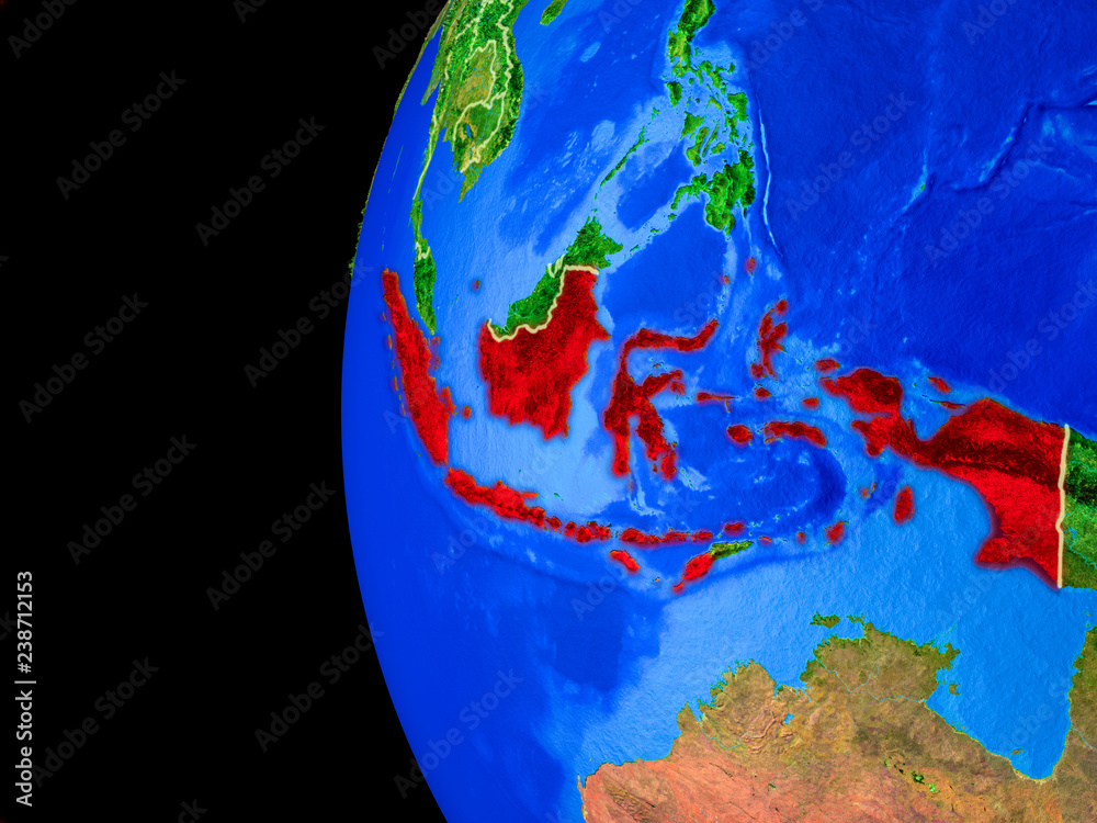 Indonesia from space on realistic model of planet Earth with country borders and detailed planet surface.