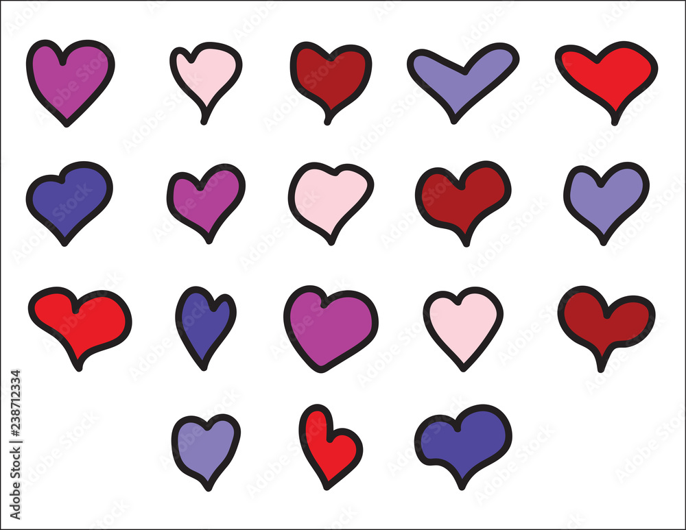 Set of color hand drawn hearts with Black contour
