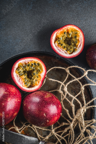 Passion fruit or maracuja  from exotic tropical countries on table