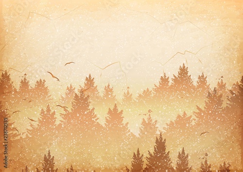 Abstract background of forest and mountains with flying birds