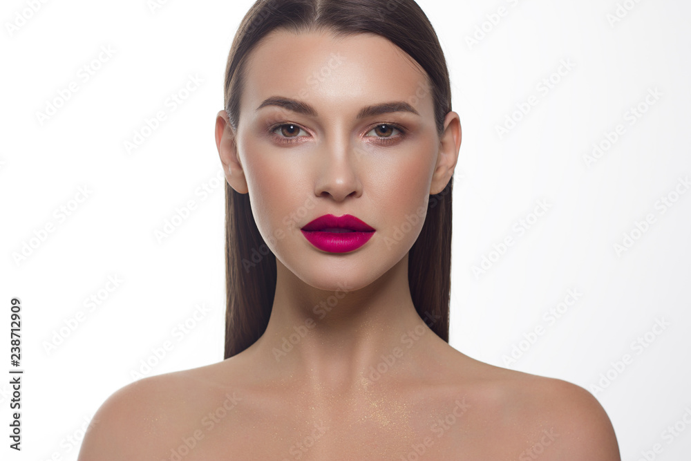 Close-up portrait of sexy european young woman model with classic glamour make-up and pink lipstick. Dark long hairstyle, christmas makeup, dark eyeshadows, bloody lilac lips with gloss Close-up portrait of sexy european young woman model with classic glamour make-up and pink lipstick. Dark long hairstyle, christmas makeup, dark eyeshadows, bloody lilac lips with gloss
