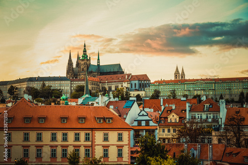 Prague Town Square Czech Republic, sunrise city skyline at Astronomical Clock Tower