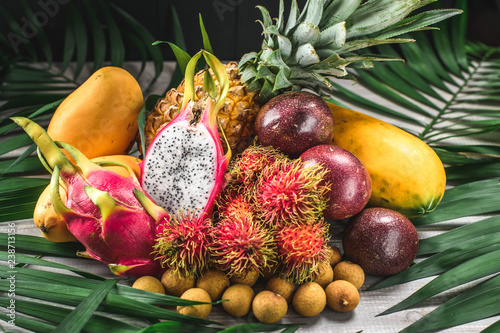 Set of exotic fruits. Assorted tropical fruits of pineapple, dragon fruit, rambutan, passion fruit, mango, longan, papaya