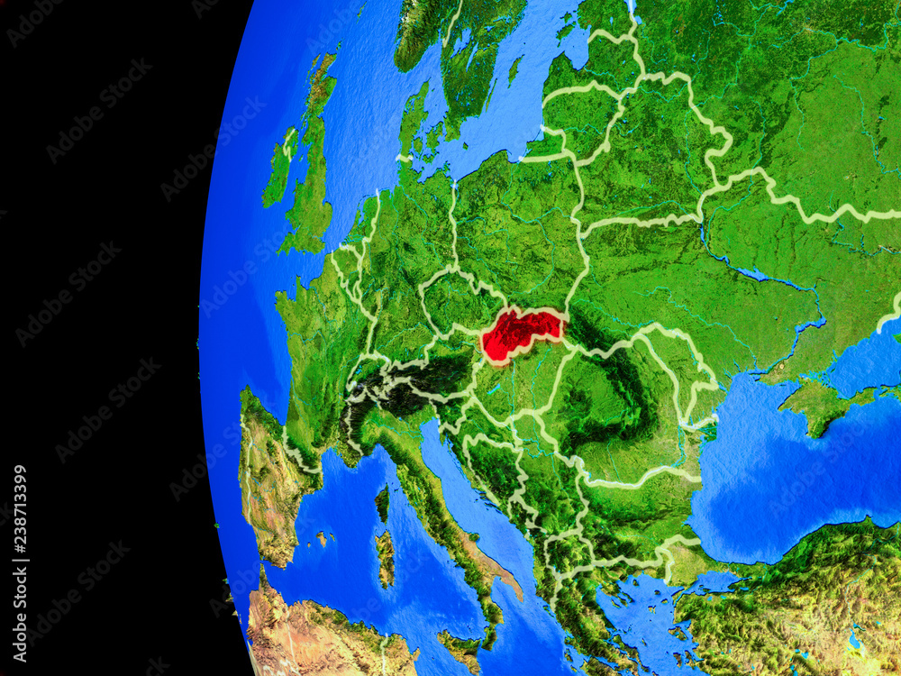Slovakia from space on realistic model of planet Earth with country borders and detailed planet surface.
