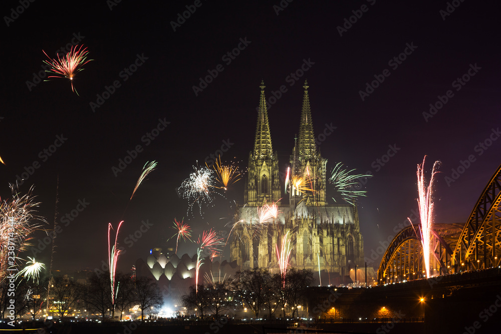 New Year's Eve fireworks display near the cathedral in Cologne, Germany