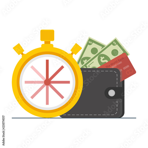 The concept of managing your time and money. Time is money or time to pay. Financial planning, deadline and time management, payment day. Vector illustration.