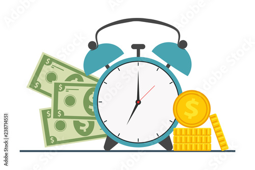 The concept of managing your time and money. Time is money or time to pay. Financial planning, deadline and time management, payment day. Vector illustration.