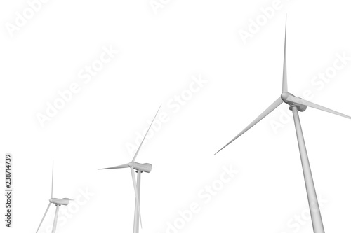 Three windmills with different angles of rotation - perspective view isolated on white background - eco power industrial illustration, 3D illustration