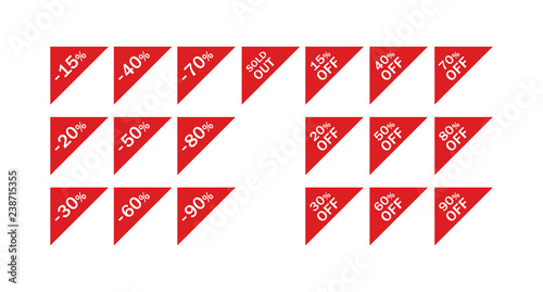 Discount red corner banners. Price discount and sold out triangular vector left corner label set.
