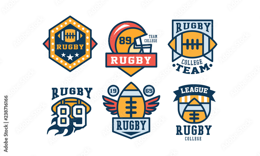 Rugby team logo design set, vintage college league, sport club emblem or badge vector Illustration