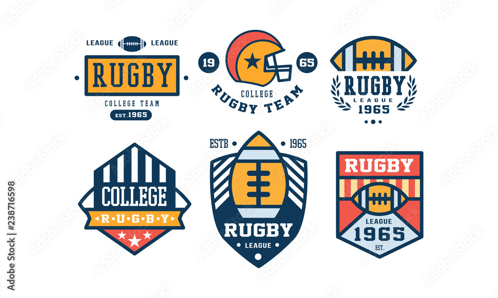 Rugby college team logo design set, vintage sport club emblem or badge vector Illustration