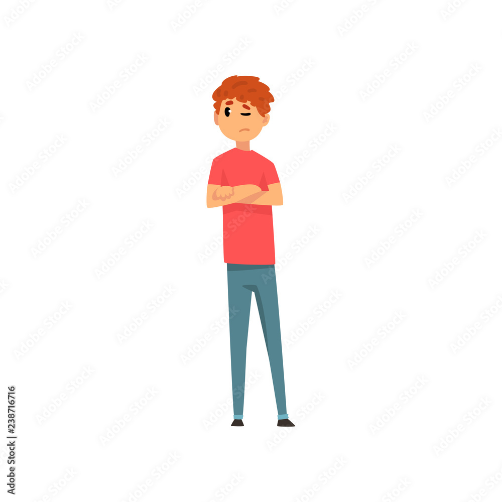 Young man standing with folded hands and looking at something vector Illustration on a white background Young man standing with folded hands and looking at something vector Illustration on a white background