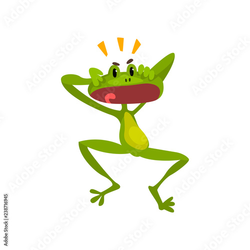 Little surprised frog, green funny amfibian animal cartoon character vector Illustration on a white background