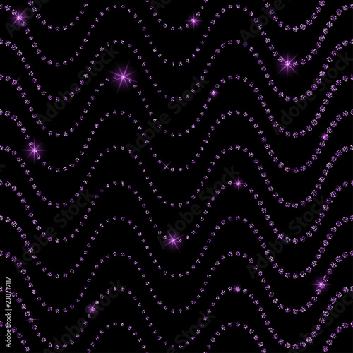 Wavy pink shining sequines on a black background. Vector seamless pattern