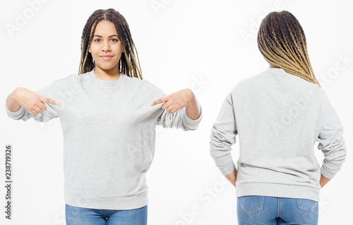 Billede på lærred African american girl in template blank sweatshirt isolated on white background showing copy space on clothes