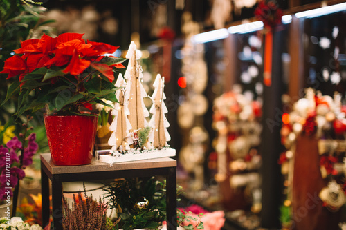 Beautiful colorful christmas shop and house decorations. Flower shop boutique.