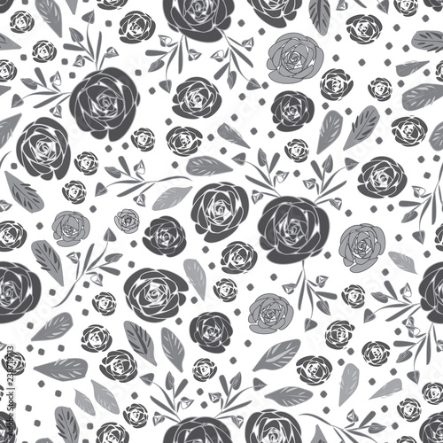 Roses Garden-Flowers in Bloom seamless repeat pattern Background in Grey and White