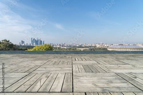 Photography moscow city skyline and empty wooden floor