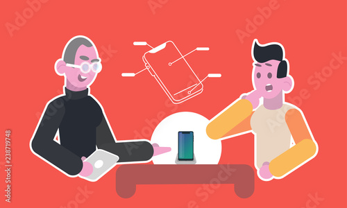 Seller phones. An experienced consultant shows a new modern phone to a client for a young man. A man in an electronics store is choosing a new gadget smartphone. Retail business. Isolated flat vector
