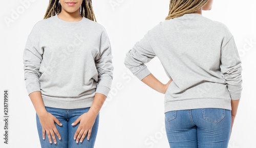 Fotografi African american girl in template blank sweatshirt isolated on white background