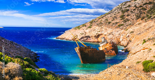 Impressive view of old shipwreck in Amorgos island, Cyclades, Greece