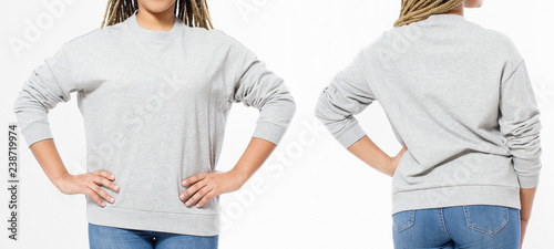 African american girl in template blank sweatshirt isolated on white background. Front and rear pullover view. Copy space and mock up. Place for adverising. Cropped image