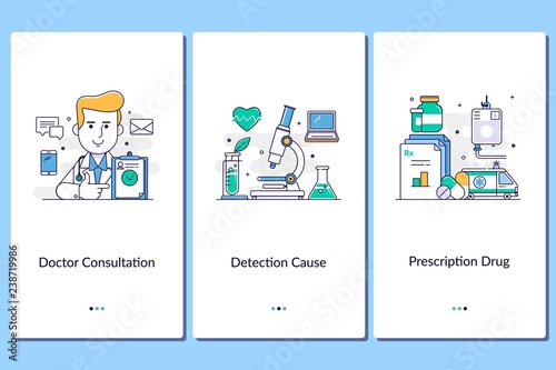 Online medical support, Mobile medical apps.Doctor, nurse, clinic, treatment, anamnesis. Medical service steps graphic instructions. UX, UI, GUI vector illustration