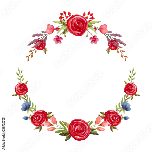 Watercolor floral wreath with red roses. Hand painted flowers illustrarion.