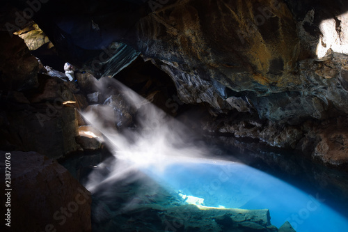 
the famous Grjótagjá cave, where some scenes of game of thrones were shot. the ray of light filters through a small opening on the rocky wall.
The water temperature is about 60 °.