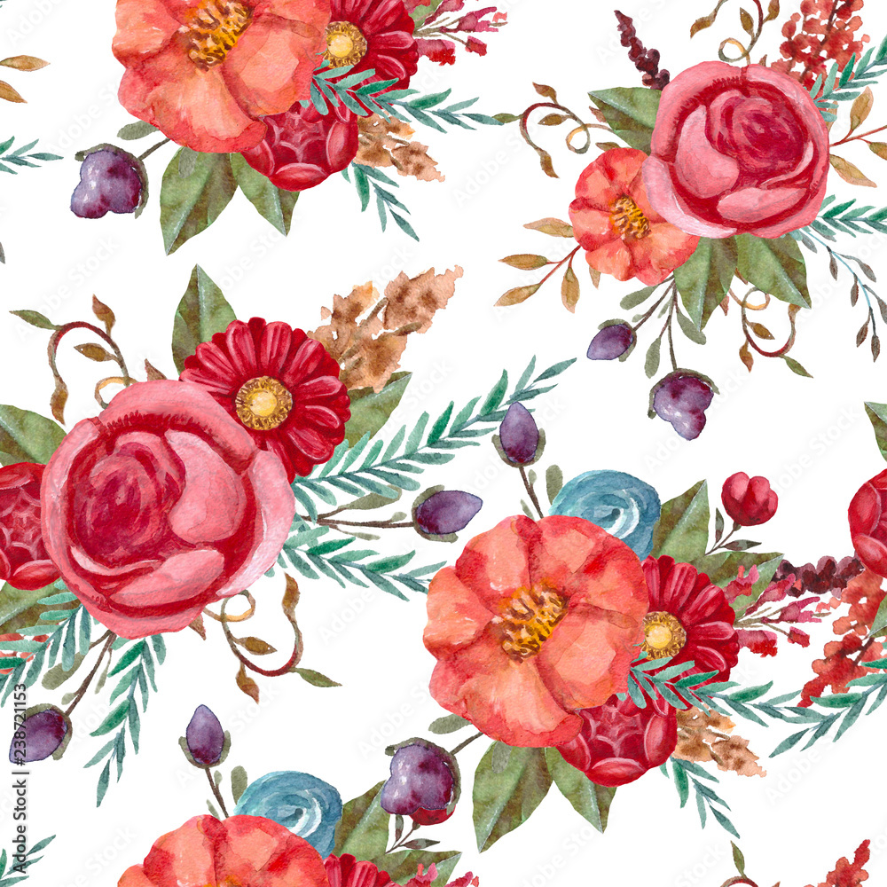 Watercolor floral pattern. Pattern with flowers. Retro,vintage bouquet.