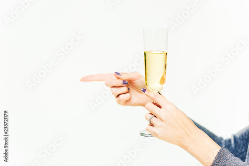 Celebration. The female hands holding the glasse of champagne or wine making a toast. The party, alcohol, lifestyle, friendship, holiday, christmas, new, year and clinking concept