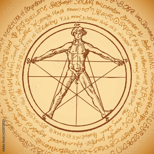 Vector banner with a human figure like Vitruvian man Leonardo da Vinci in a pentagram. Hand-drawn illustration in vintage style on the background of an old illegible manuscript written in a circle.