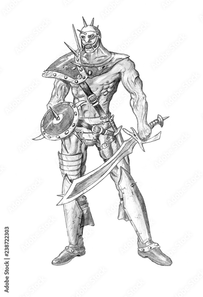 Black and white rough pencil drawing of fantasy barbarian warrior or gladiator with sword and shield. Black and white rough pencil drawing of fantasy barbarian warrior or gladiator with sword and shield.