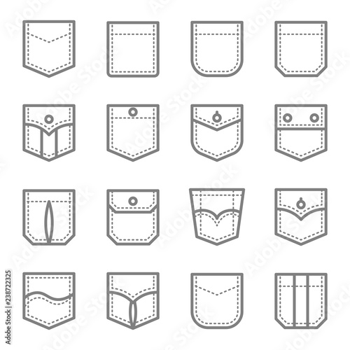 Patch Pocket Style Vector Line Icon Set. Contains such Icons as Original Pocket, Denim, Traditional, Flap and more. Expanded Stroke